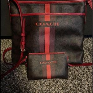 Coach Signature Varsity Stripe File Crossbody Bag Brown True Red